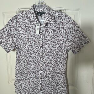 Express Men's Casual White and Purple Patterned Shirt